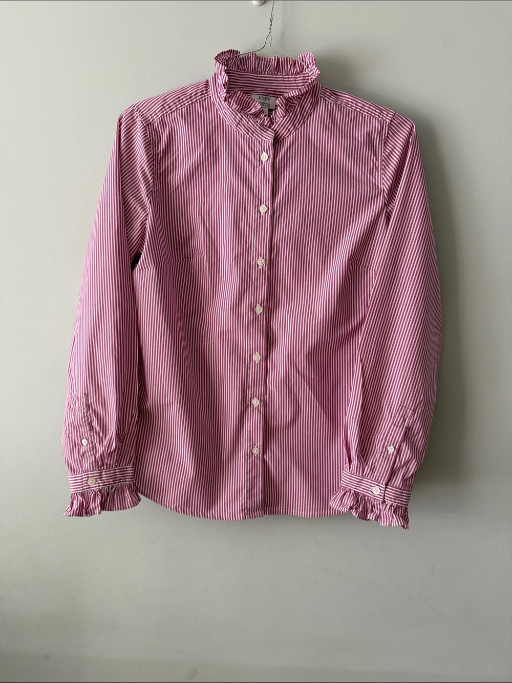 J. Crew Pink Striped Ruffle-Neck Button-Up Blouse